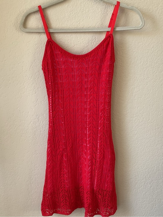 Source Unknown Dresses & Skirts - Red Crochet Knit Mini Dress XS S Pink Contrast Lining Strappy Summer Festival